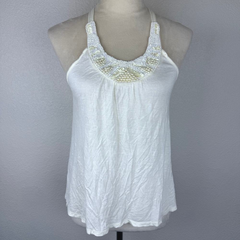 Y2K Trendy Charlotte Russe White Beaded Pearls Flowy Tank Top Women's Size M
